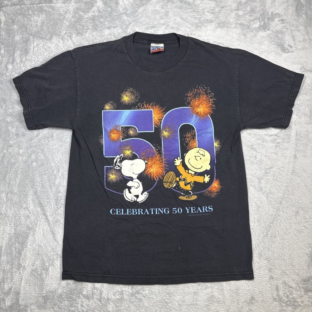 Vintage Peanuts Shirt Men L Black Faded 50th Anniversary Charlie Brown Snoopy